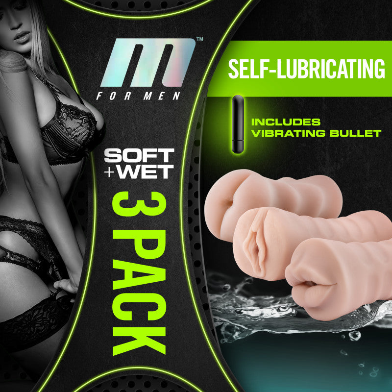 M For Men 3-Pack Self-Lubricating Vibrating Strokers -  Vibrating Strokers - 3 Pack