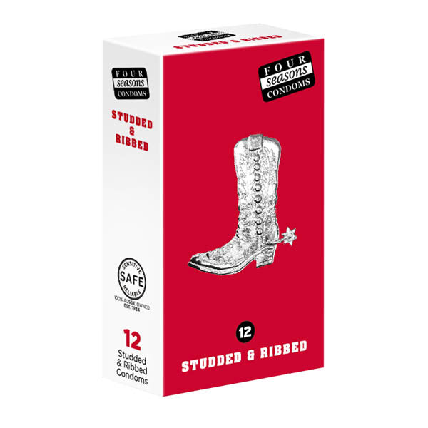 Four Seasons Studs & Ribs Condoms - Studded & Ribbed Lubricated Condoms - 12 Pack