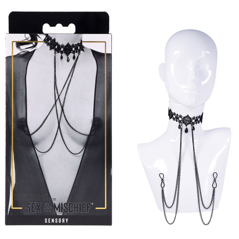Sex & Mischief Lace Collar with Nipple Ties -  Neck and Nipple Restraints