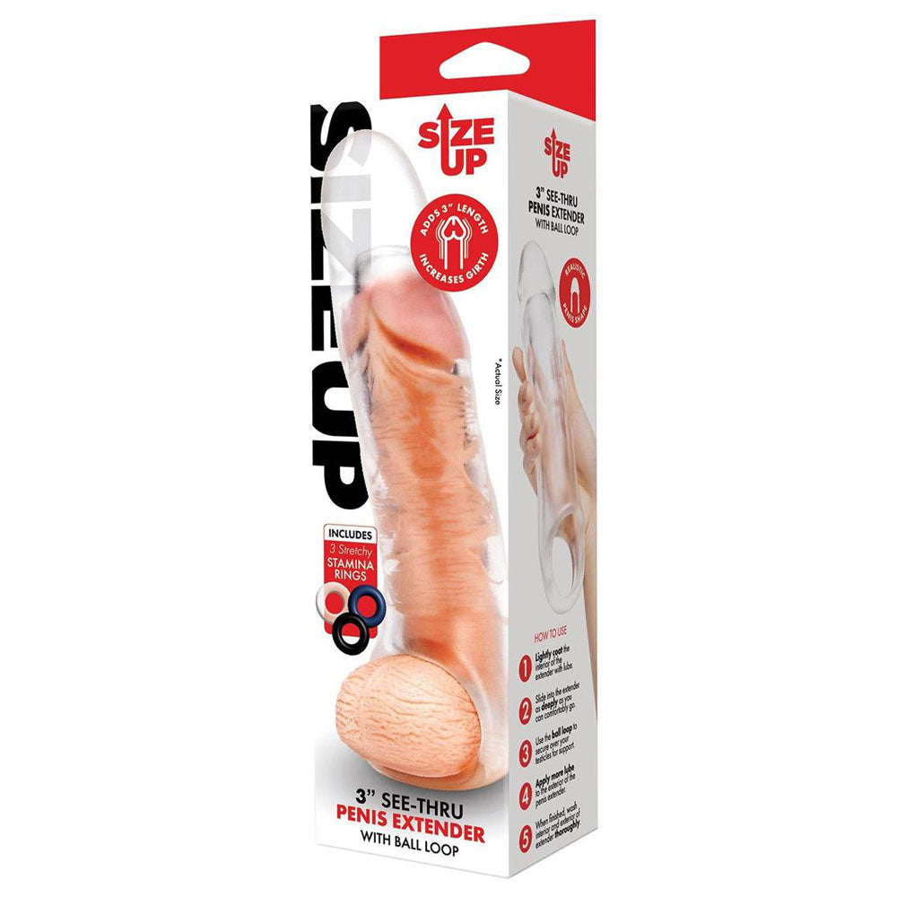 Size Up 3 Inch See-Thru Penis Extender with Ball Loop -  7.6 cm (3'') Penis Extension Sleeve
